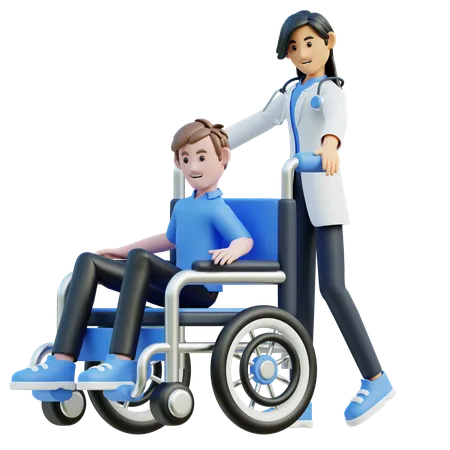 Female doctor pushed the patient to use a wheelchair  3D Illustration