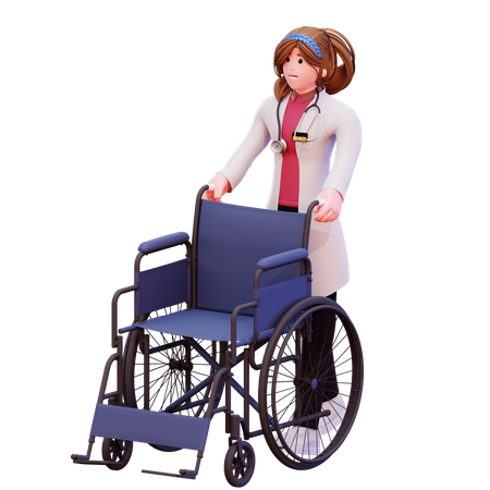 Female doctor pushing wheelchair  3D Illustration