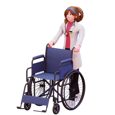 Female doctor pushing wheelchair 3D Illustration
