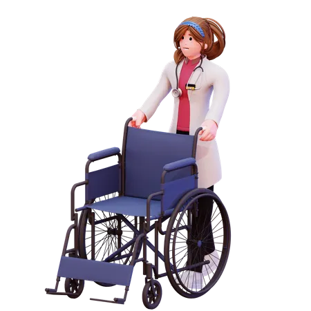 Female doctor pushing wheelchair  3D Illustration