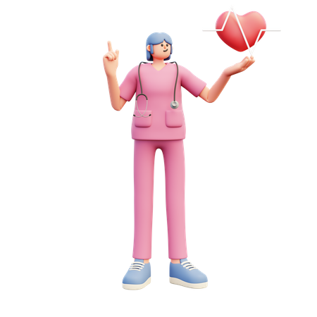 Female Doctor Showing Heartbeat And Pointing Up  3D Icon