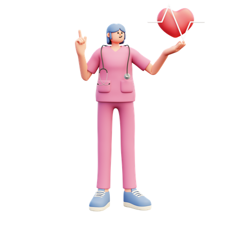 Female Doctor Showing Heartbeat And Pointing Up  3D Illustration