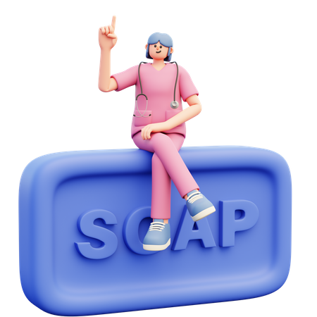 Female Doctor Sitting On Big Blue Piece Of Soap  3D Illustration