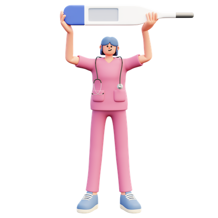 Female Doctor Standing Holding Big Blank Thermometer  3D Icon