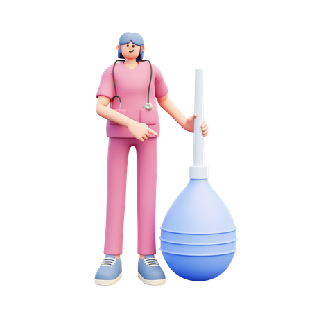 Female Doctor Standing Near Big Blue Enema Clyster Pointing  3D Illustration