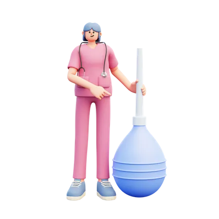 Female Doctor Standing Near Big Blue Enema Clyster Pointing  3D Illustration