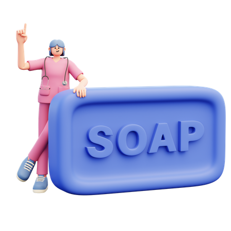 Female Doctor Standing Near Big Blue Piece Of Soap  3D Icon