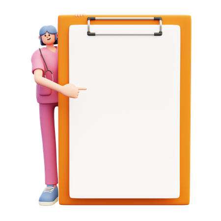 Female Doctor Standing Near Big Clipboard From Behind  3D Icon