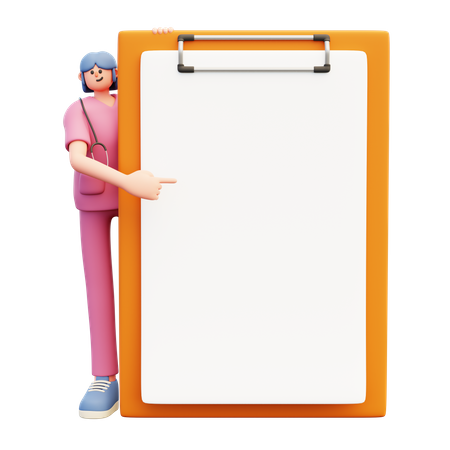 Female Doctor Standing Near Big Clipboard From Behind  3D Illustration