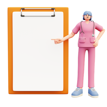 Female Doctor Standing Near Big Clipboard With White Paper  3D Icon