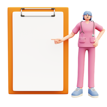 Female Doctor Standing Near Big Clipboard With White Paper  3D Illustration
