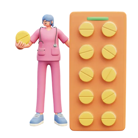 Female Doctor Standing Near Big Pack Of Pills  3D Illustration