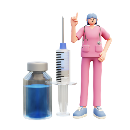 Female Doctor Standing Near Big Syringe  3D Icon