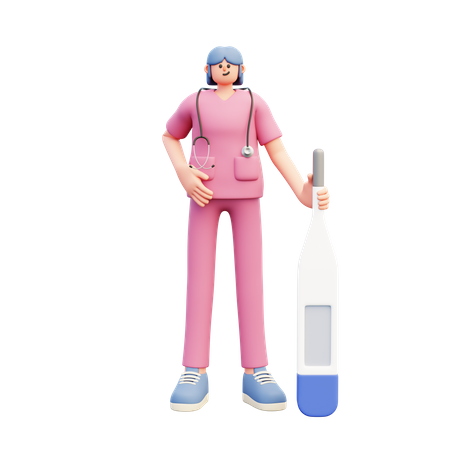 Female Doctor Standing Near Big Thermometer  3D Icon