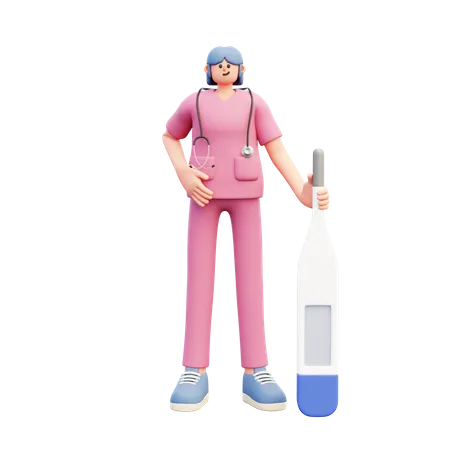 Female Doctor Standing Near Big Thermometer  3D Illustration