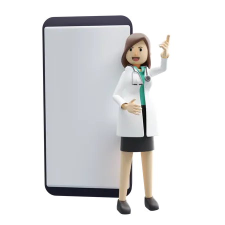 Cartoon Character 3 D Illustration Of A Smile Happy Female Doctor Holding Is Giving Recommendation By Phone Medical Hospital Clinic Illustration Concept 3D Illustration