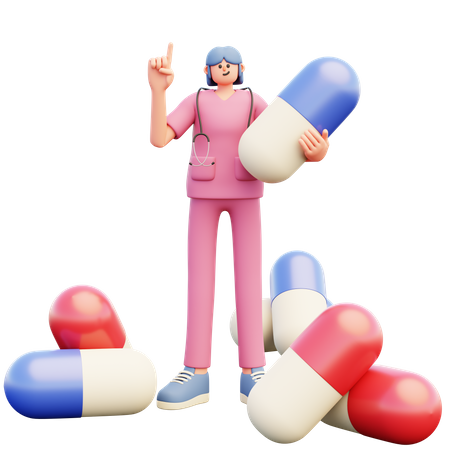 Female Doctor With Big Pills  3D Illustration