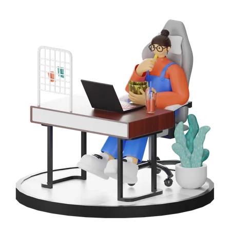 Female eat snacks with working on laptop  3D Illustration