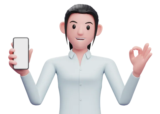 Female employee holding a cell phone while showing ok gesture  3D Illustration