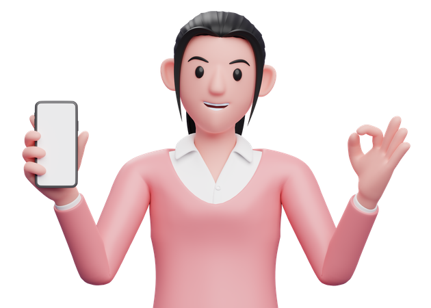 Female employee holding a cell phone while showing ok gesture  3D Illustration