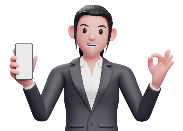 Female employee holding a cell phone while showing ok gesture  3D Illustration