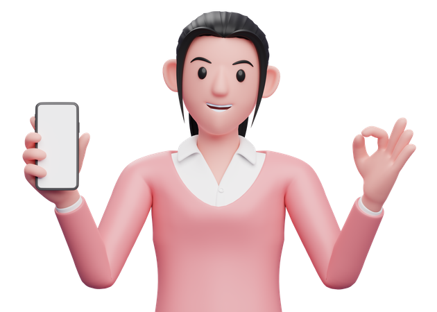 Female employee holding a cell phone while showing ok gesture 3D Illustration