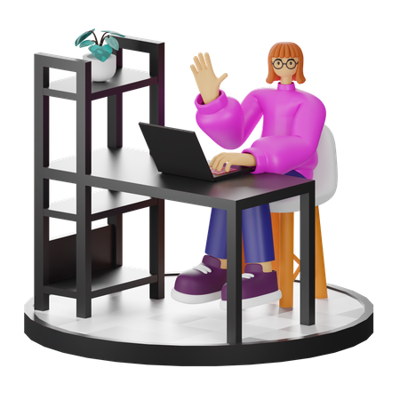 Female employee Saying Hello from Workspace  3D Illustration