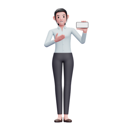 Female employee showing blank mobile screen  3D Illustration