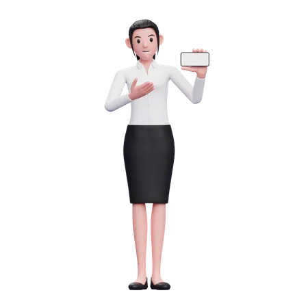 Female employee showing blank mobile screen 3D Illustration