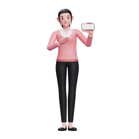 Female employee showing blank mobile screen 3D Illustration