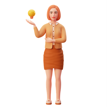 Female employee showing lamp of idea with her right hand  3D Illustration