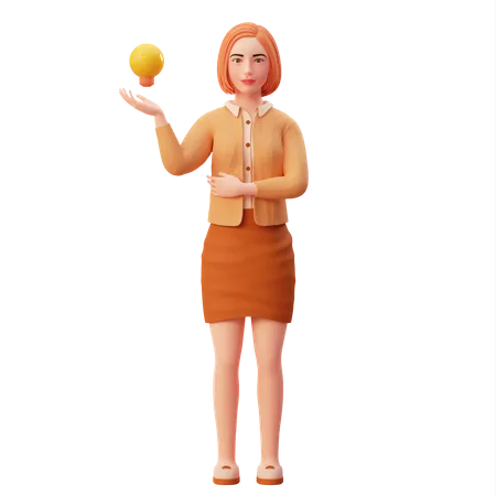 Female employee showing lamp of idea with her right hand  3D Illustration