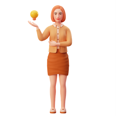 Female employee showing lamp of idea with her right hand 3D Illustration