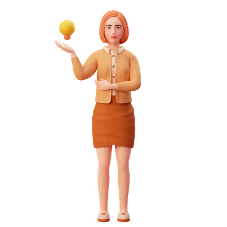 Female employee showing lamp of idea with her right hand 3D Illustration