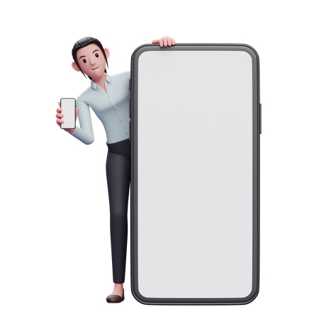 Female employee with phone in hand standing behind big mobile screen  3D Illustration