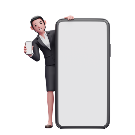 Female employee with phone in hand standing behind big mobile screen  3D Illustration