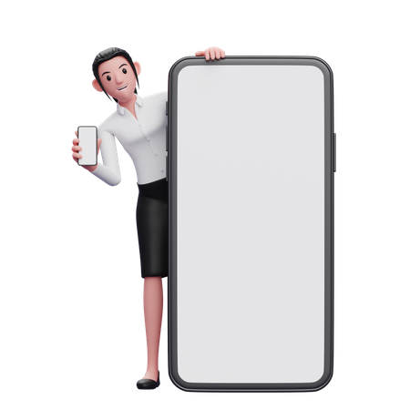 Female employee with phone in hand standing behind big mobile screen 3D Illustration
