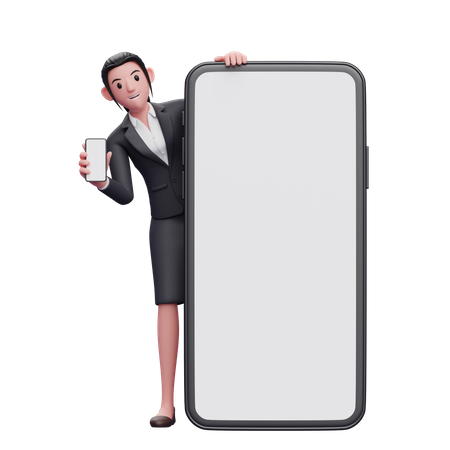 Female employee with phone in hand standing behind big mobile screen 3D Illustration