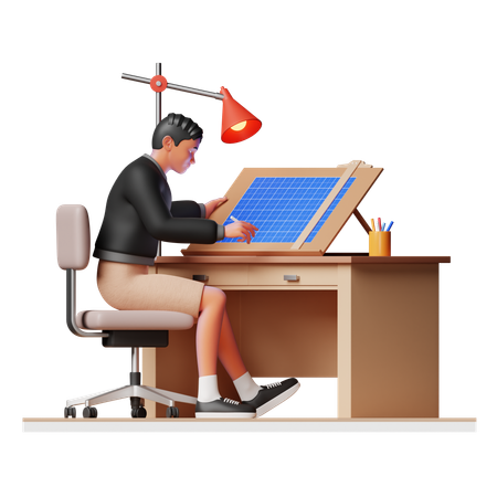 Female engineer working on Blueprint  3D Illustration