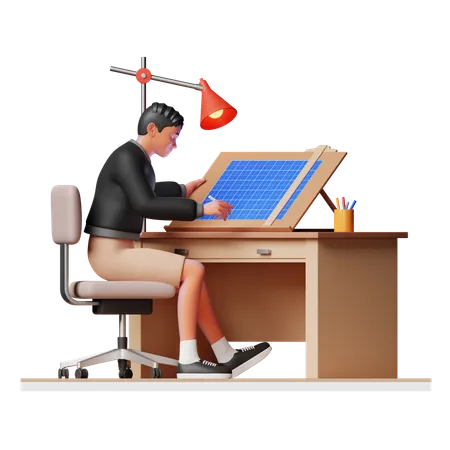 Female engineer working on Blueprint  3D Illustration