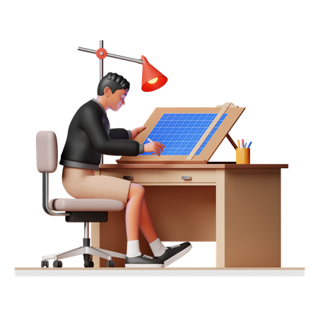 Female engineer working on Blueprint  3D Illustration