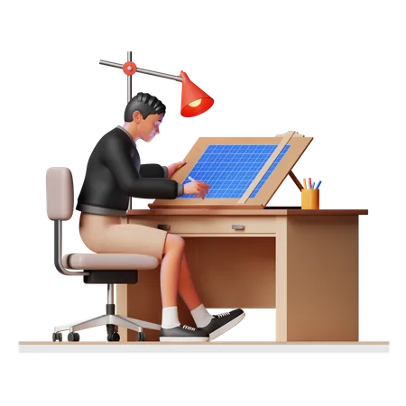 Female engineer working on Blueprint  3D Illustration