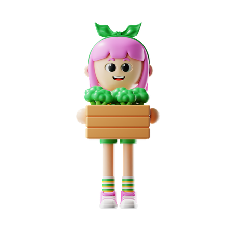Female Farmer Bring Broccoli Basket  3D Icon