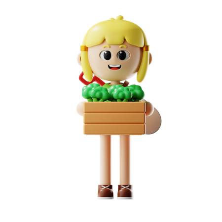 Female Farmer Bring Broccoli Basket  3D Icon