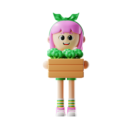 Female Farmer Bring Broccoli Basket  3D Illustration