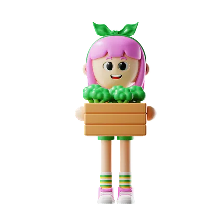 Female Farmer Bring Broccoli Basket  3D Illustration