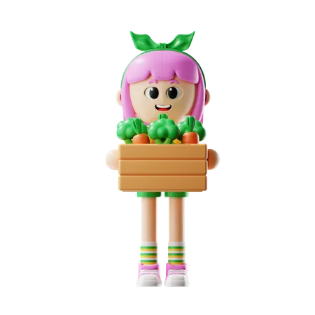 Female Farmer Bring Carrots and Broccoli Basket  3D Illustration