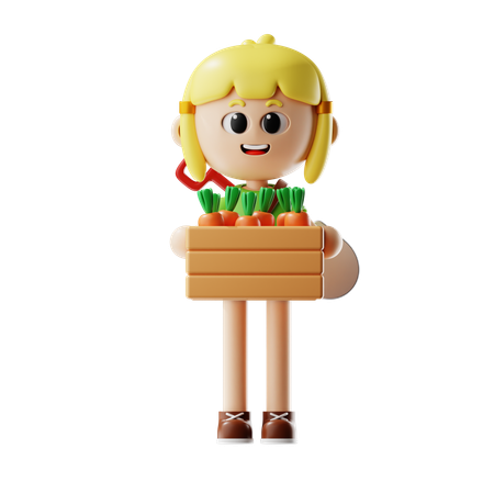 Female Farmer Bring Carrots Basket  3D Icon