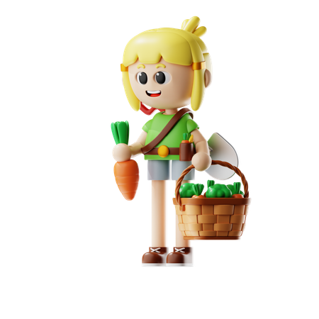 Female Farmer Bring Harvest Basket  3D Icon
