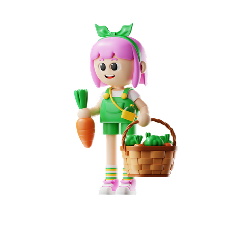 Female Farmer Bring Harvest Basket  3D Illustration